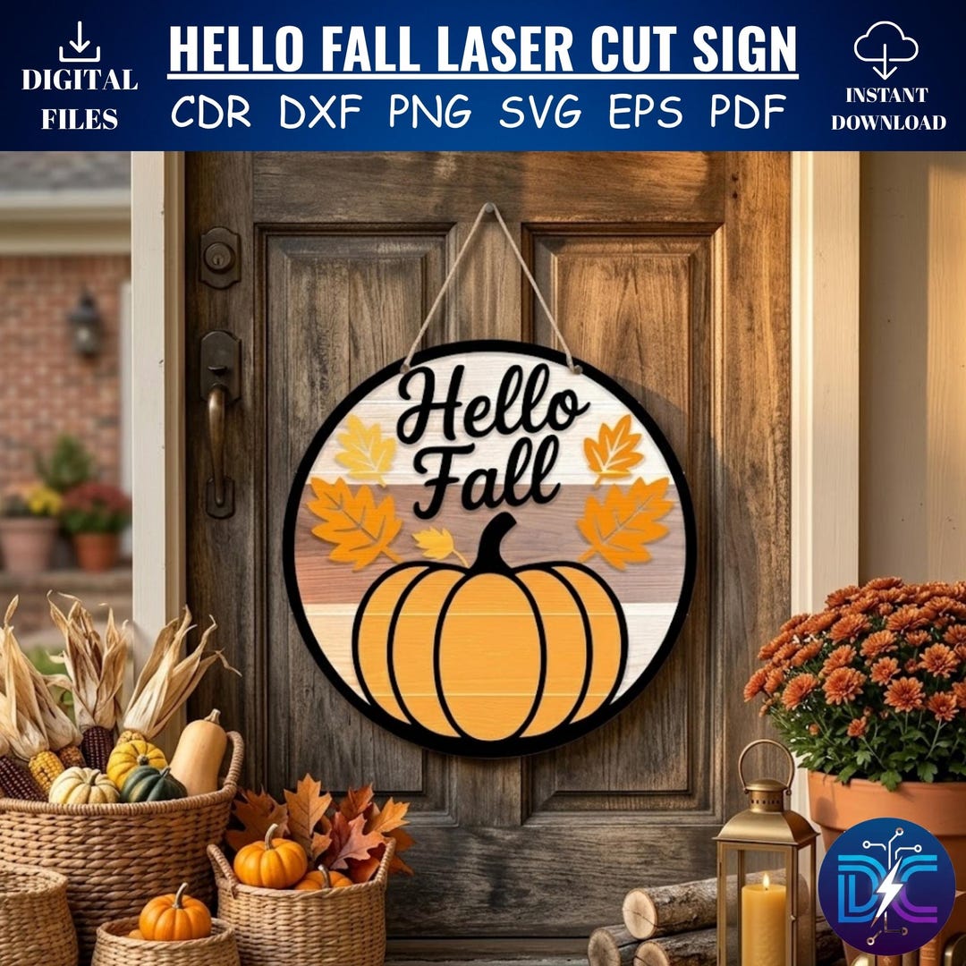 Hello Fall Round Sign SVG, Layered Pumpkin Door Hanger Laser Cut Files ...