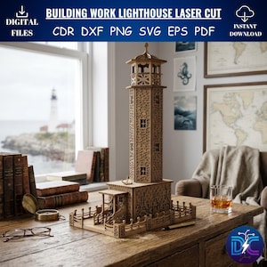 Puede incluir: Modelo de faro de madera cortado con láser, con detalles intrincados, incluyendo una torre, base y barandilla decorativa. El modelo se muestra sobre una superficie de madera. La imagen incluye el texto "BUILDING WORK LIGHTHOUSE LASER CUT".