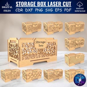 10 Storage Box Laser Cut Files Bundle, Decorative Wood Crate SVG, Desk Organizer Glowforge Files, Geometric Storage Box DXF Digital Download