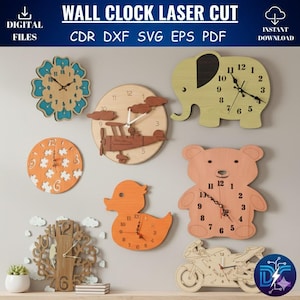 May include: A collection of laser-cut wooden wall clocks in various shapes, including a flower, airplane, elephant, bear, duck, motorcycle, and tree. The clocks feature visible hands and numbers. The image includes the text "WALL CLOCK LASER CUT" and "DIGITAL FILES".