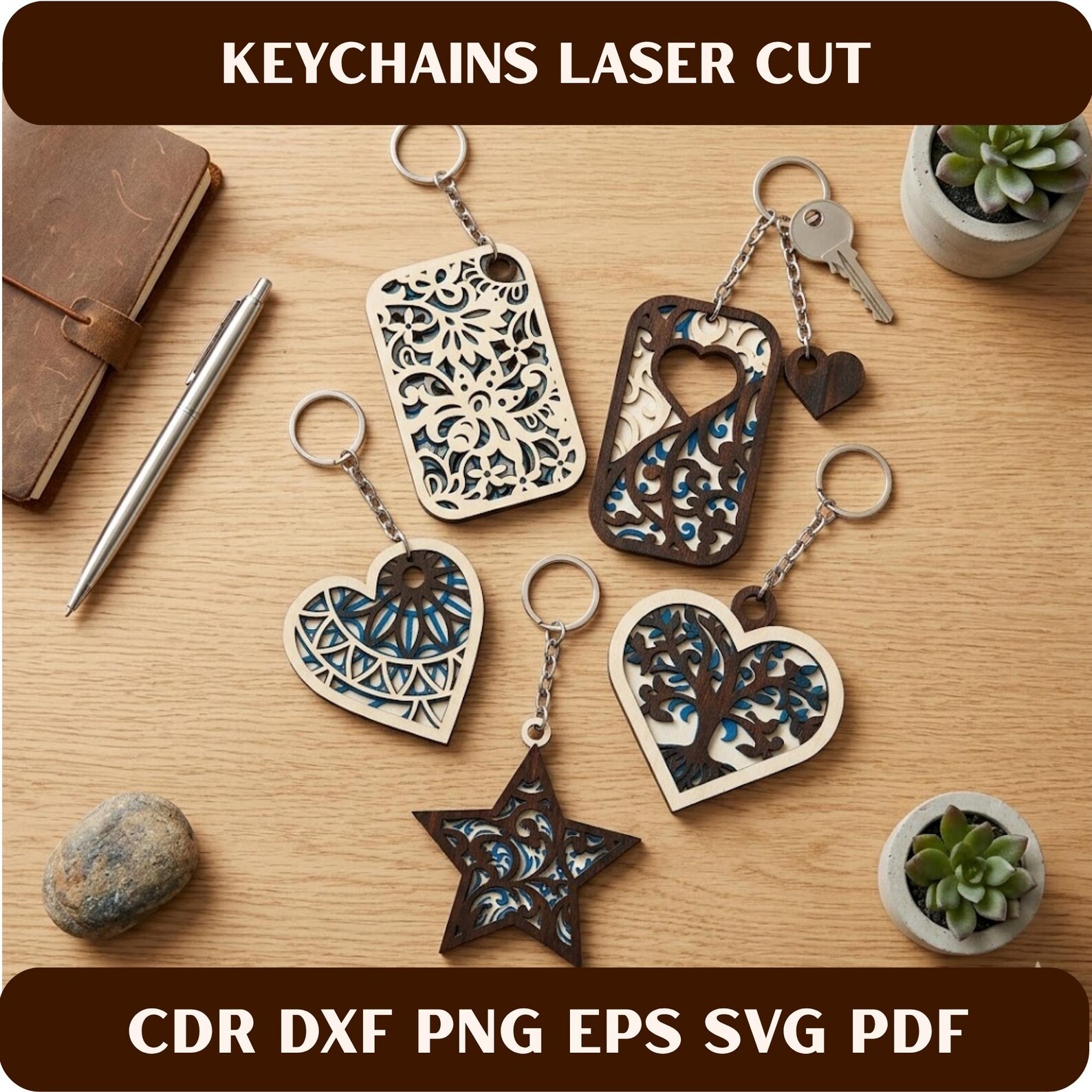 Laser Cut Keychain SVG, Minimalist Wood Keyring Template (digital ...