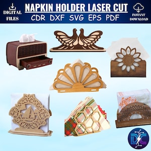 May include: A collection of laser-cut napkin holders in various designs. The image includes a radio-shaped holder, a dove design, a sunflower, a fan-shaped holder, a sailboat, a honeycomb, and a semi-circular design. The text at the top reads "NAPKIN HOLDER LASER CUT".
