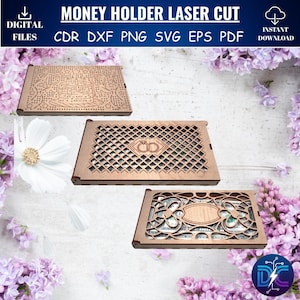 Puede incluir: Tres portamonedas de madera cortados con láser con diseños intrincados. El soporte superior presenta un diseño de pastel de cumpleaños, el del medio tiene anillos entrelazados y el inferior un diseño floral. El texto "MONEY HOLDER LASER CUT" está en la parte superior.