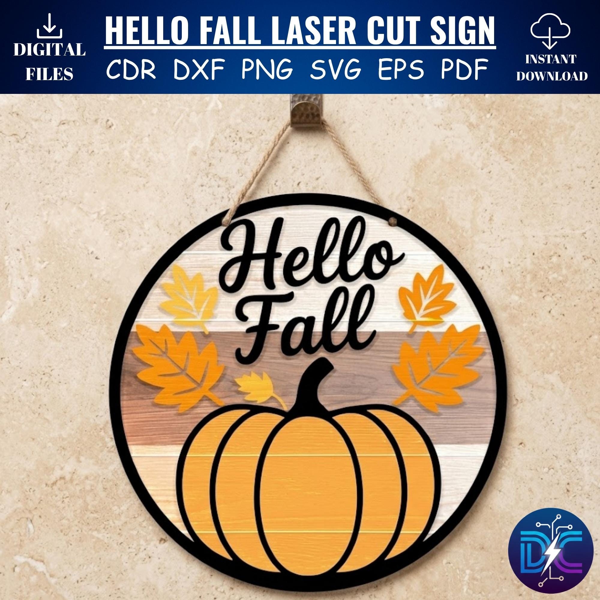 Hello Fall Round Sign SVG, Layered Pumpkin Door Hanger Laser Cut Files ...