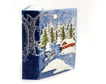 Winter landscape scene book clutch, grey velvet, green Christmas trees, white snow, handmade embroidery handbag, gift for women