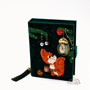 Clutch book, rare ladies purse, gift for her, handmade green gold red squirrel motif, jewelry keeping box