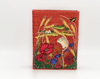 Book clutch poppies cornflowers meadow scene, red velvet handbag, clutches summer scene house mouse bee, gift for girl, women, sister