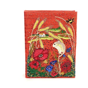 Book clutch poppies cornflowers meadow scene, red velvet handbag, clutches summer scene house mouse bee, gift