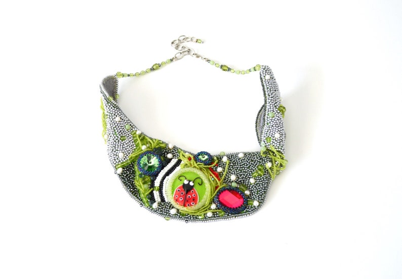 Grey necklace necklace for women ladybug jewellery seed bead necklace beaded jewelry statement jewelry collar necklace gray necklace