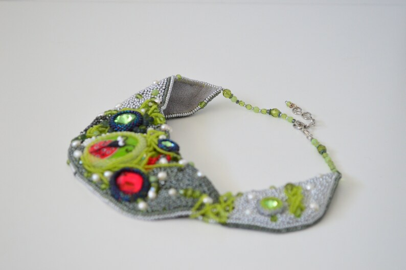 Grey necklace necklace for women ladybug jewellery seed bead necklace beaded jewelry statement jewelry collar necklace gray necklace