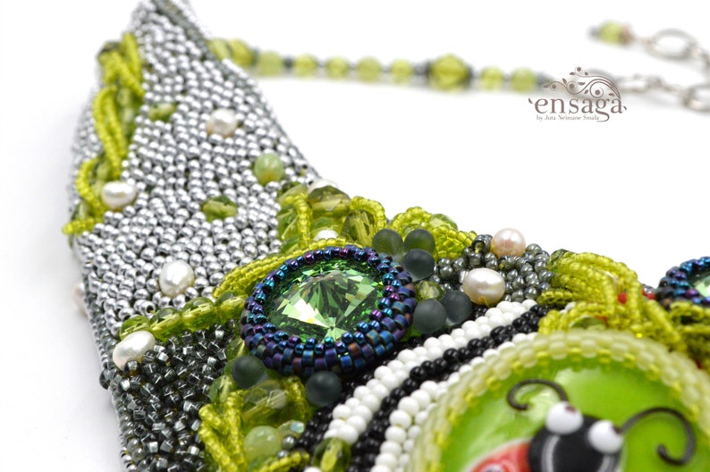Grey necklace necklace for women ladybug jewellery seed bead necklace beaded jewelry statement jewelry collar necklace gray necklace
