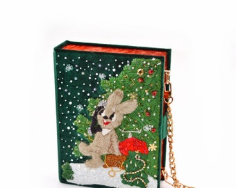 Book clutch ‘It’s New Year calling”, rare chain strap green bag purse, handmade rabbit scene, gift for girl