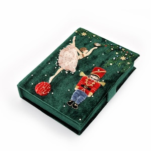 Nutcracker clutch book for women, ballet embroidery, green velvet handbag