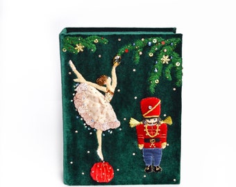 Embroidered Nutcracker Clutch book, Green Velvet Ballet Handbag