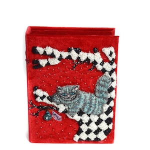 Clutch book, Chesire cat embroidery bag, Alice in wonderland scene, bead embroidered red purse, iconic shape, handmade gift