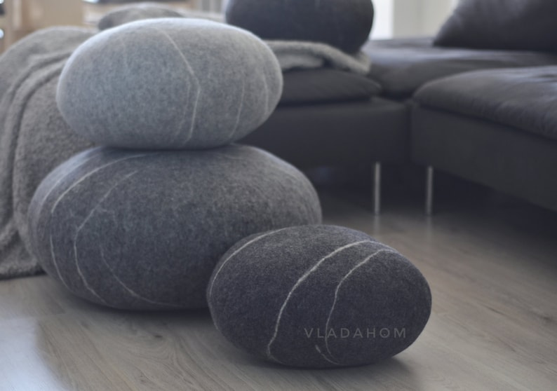 Felted wool stone Pouf Floor cushions Decorative Pebble Etsy