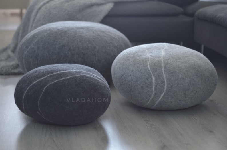 Felted wool stone Pouf Floor cushions Decorative Pebble Etsy