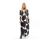 SALE - Women Dress, Loose & Free Flowing Dress, Oversized Urban Gallabia / Kaftan Dress, Stylish Black and White Circle Print Cape Dress
