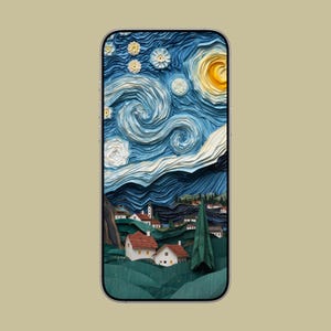 May include: A phone case featuring a 3D rendering of Van Gogh's "Starry Night." The design includes swirling blue and white clouds, a yellow moon and stars, and a village with red-roofed houses. The case is encased in a silver frame.