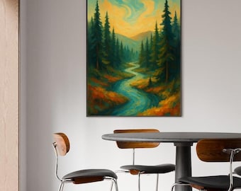 Lámina artística de un vibrante río en el bosque, póster de paisaje impresionista al atardecer.