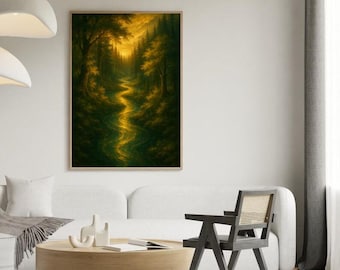 Lámina artística de río en bosque sombrío, póster de paisaje estilo Dark Academia