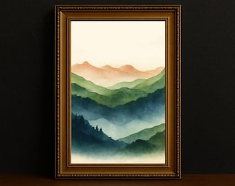 Lámina artística de paisaje montañoso en acuarela: Póster enmarcado del Valle Esmeralda