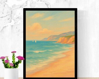 Estampa costera de la costa dorada / Arte impresionista de paisaje playero