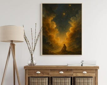 Lámina artística de cielo nocturno fantástico, nubes doradas, decoración Dark Academia