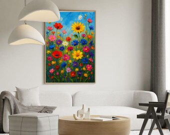 Lámina artística de un vibrante campo de flores silvestres.