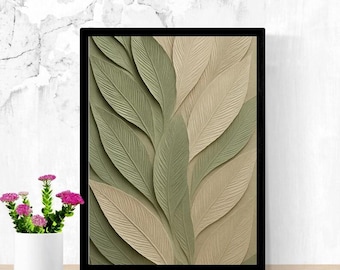 Lámina artística de hoja verde salvia, póster botánico 3D en capas