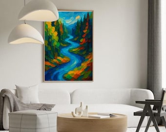 Lámina artística de río forestal, póster de paisaje otoñal