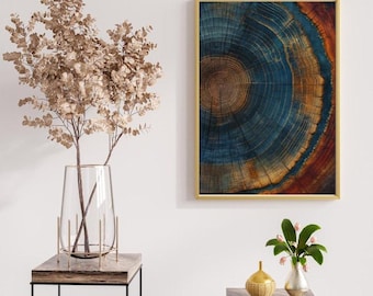 Lámina artística abstracta de anillos de árbol / Ámbar fosilizado, veta de madera azul y marrón