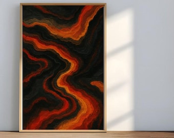 Impresión artística con textura de flujo de lava, paisaje volcánico rojo, negro y naranja