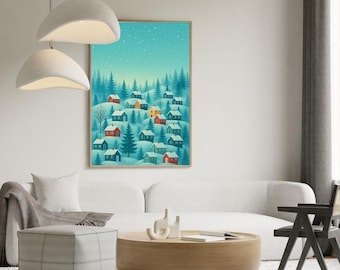 Lámina artística de un pueblo navideño Hygge, paisaje nórdico nevado