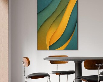 Arte de pared Wabi Sabi grande, moderno y vibrante / Verde azulado y naranja, moderno de mediados de siglo