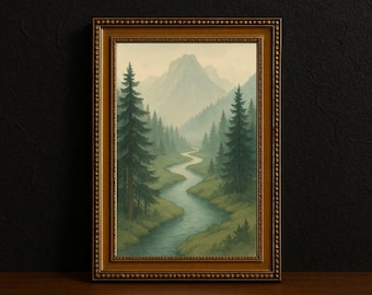 Impresión de río en el bosque brumoso, pintura de acuarela original de gran tamaño, arte de pared nórdico