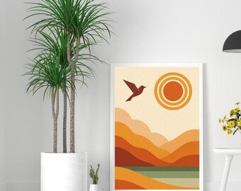Impresión de paisaje moderno de mediados de siglo / Arte mural de pájaros y sol