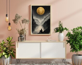 Lámina artística de paisaje de luna llena / Escena nocturna minimalista