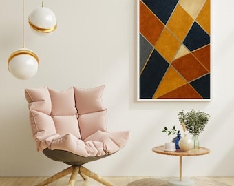 Impresión geométrica abstracta, pared vertical color óxido, naranja, dorado y azul marino.