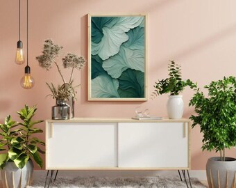 Lámina de arte abstracto de flora marina / Decoración de pared en capas de color verde azulado