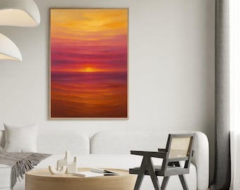 Lámina artística abstracta de puesta de sol / Tono melocotón cálido, mediados de siglo