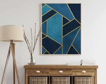 Lámina artística geométrica de terciopelo azul con líneas doradas.