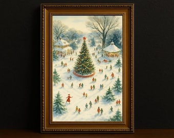 Lámina artística de la plaza del pueblo en invierno, escena navideña nevada y caprichosa