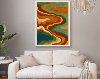 Cuadro abstracto de estilo bohemio en tonos tierra, estampado vertical con patrón ondulado.