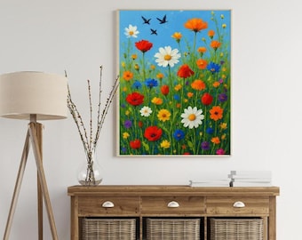 Póster alegre con flores rojas, amarillas y azules, decoración rústica para el hogar, mural floral expresivo y colorido