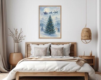 Lámina de acuarela con trineo de Papá Noel, escena de pinos nevados, arte navideño para la pared