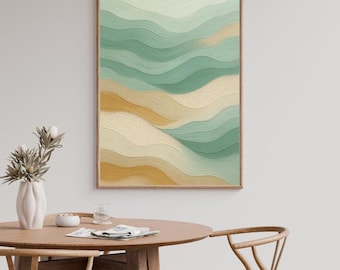 Lámina artística abstracta de olas, verde salvia, decoración costera