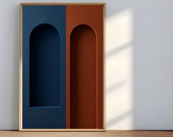Lámina artística abstracta de nichos arqueados, terracota y azul marino.