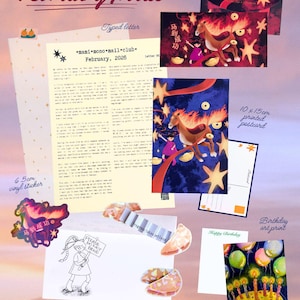 Puede incluir: Una colección de artículos de papelería que incluyen una carta mecanografiada, postales, pegatinas y una impresión artística de cumpleaños. Los artículos presentan ilustraciones de un caballo, estrellas y una niña. El texto "February Mail" está en la parte superior.
