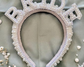 Bride to be pearl headband and pearl veil with comb short style
